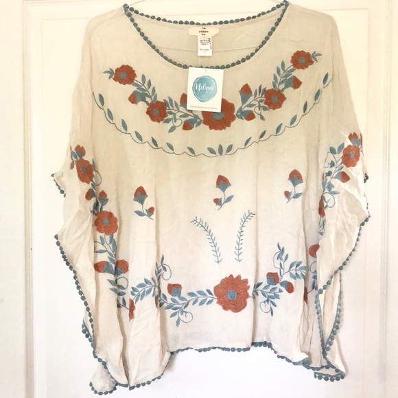 NWOT Cream and Orange Floral BOHO Blouse - Picture 2 of 4